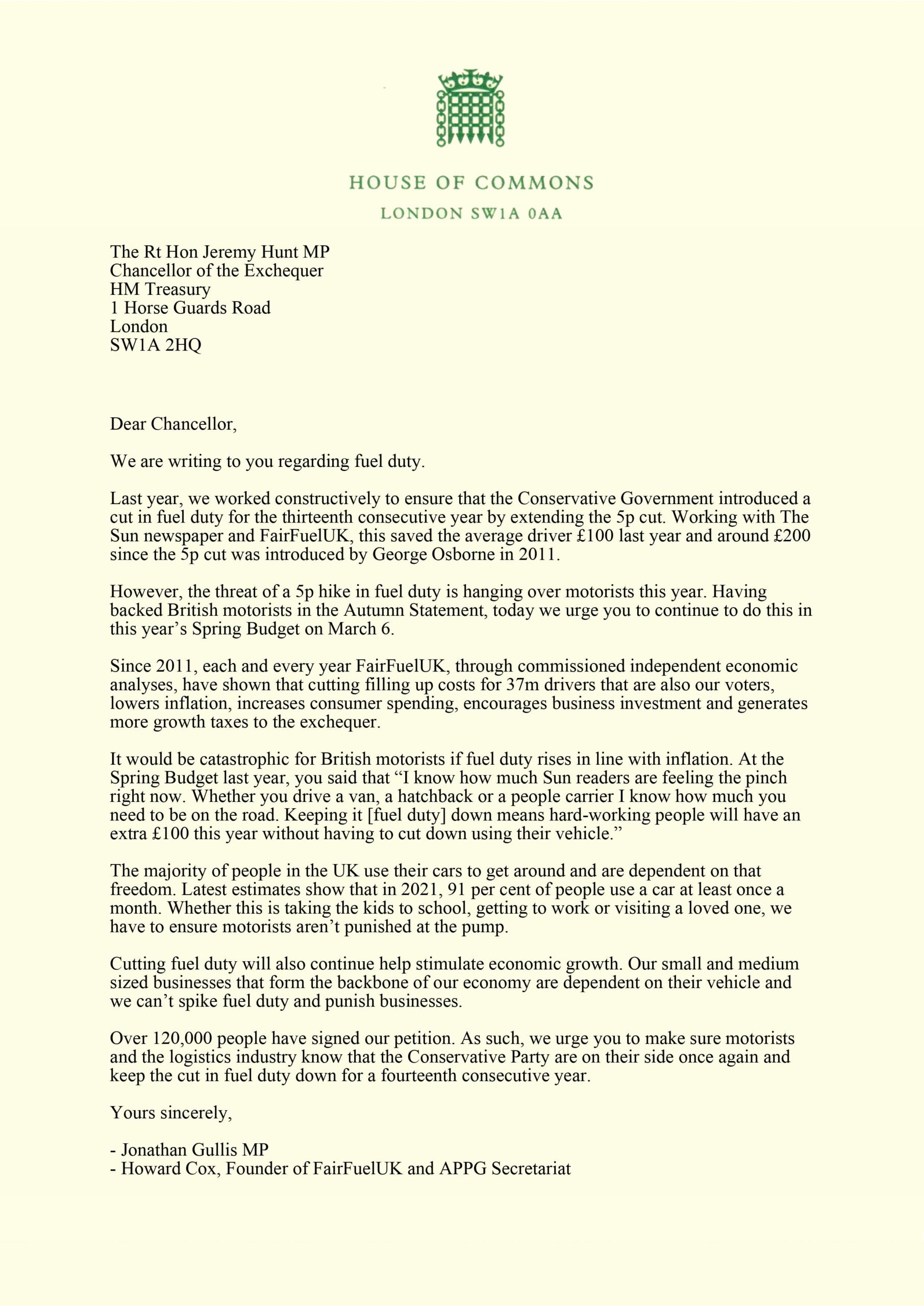 Co-signing a letter to the Chancellor, Supporting Fair Fuel - Dame ...